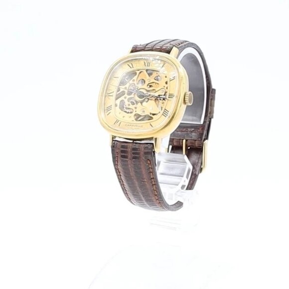 Vintage Caravelle Skeleton Dial Men's Mechanical Wristwatch Swiss Gold Tone 3 - Picture 1 of 6